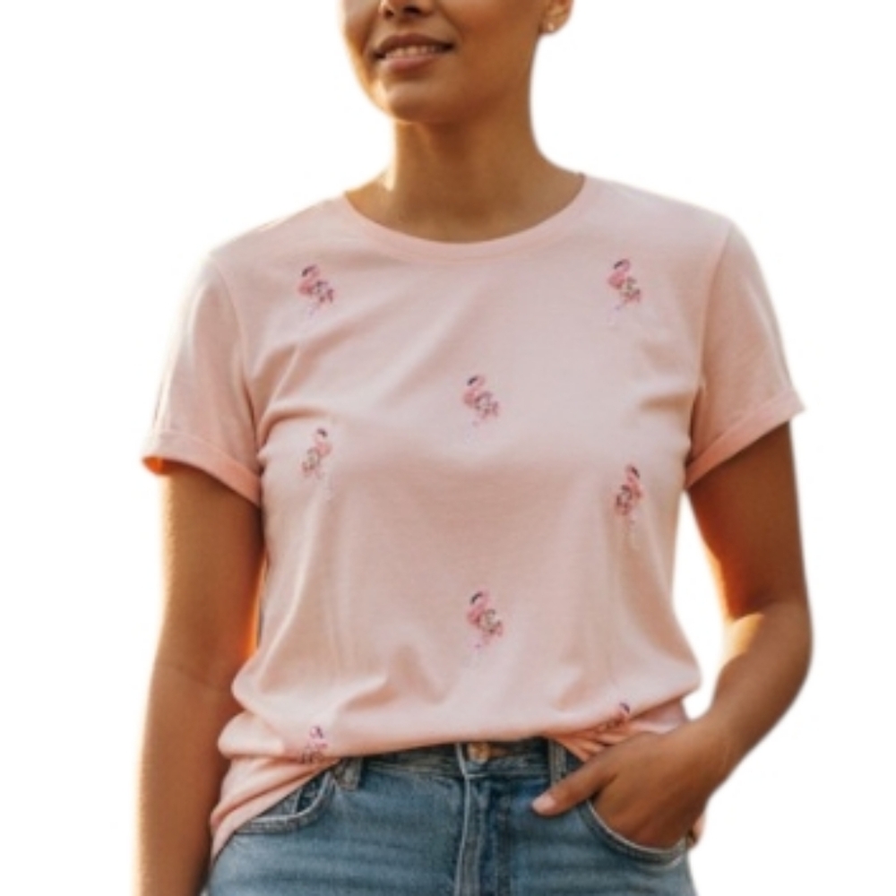 Women’s Short Sleeve Pink Flamingo Embroidered Tee - Picture 2 of 7
